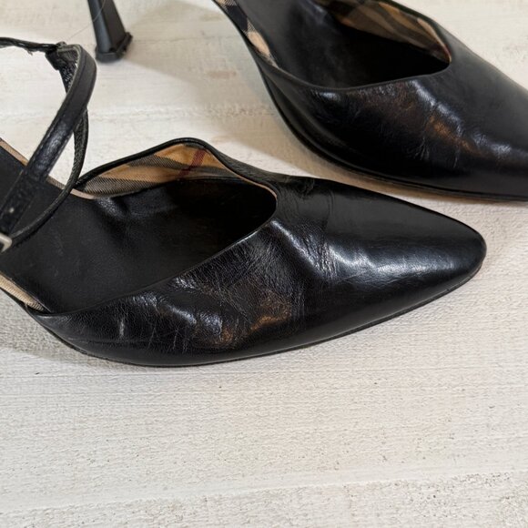 Burberry Slingback Heels Novacheck Black Leather Pointed Toe Size 39.5/US 9.5 - Picture 2 of 12